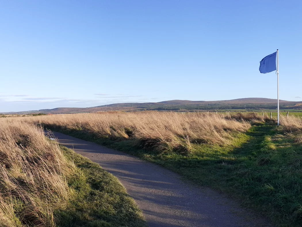 We stand to the left of a quarry dust path, among the long grass of Culloden Battlefield on the Cawdor Castle with Culloden and Clava Tour. The path runs from bottom right of the image towards mid-left. To the right of the path is a white flagpole, with a self-coloured rich blue flag flying vigorously against a clear blue sky. There is a long hill ridge on the distant horizon.