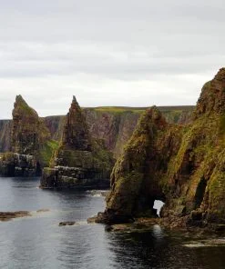The foreground is ocean. Marching in from the right, and rising diagonally across the shot are a whole line of vertical sea-cliffs, topped and also slightly covered by green grass. Just offshore are two enormous rock stacks (and both are pointed like the spires of a church. A third one is closer to us, and has not yet eroded to be seperate from the mainland. There is, however, a large sea arch at sea-level, that suggests the process is well underway.