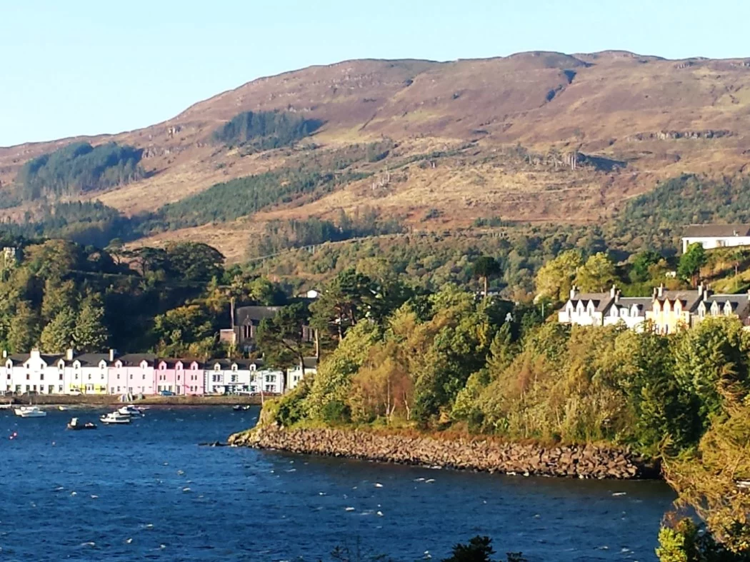Two lines of brightly painted houses of different colours in Portree, on our Skye and Eilean Donan Castle Tour. One line is along the harbour side and the other is among the trees partway up the hill on the right of the picture, overlooking the harbour.