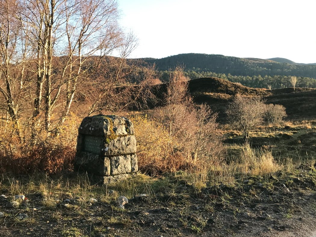 In the foreground is a mortared stone cairn with a plaque on the front. Behind it, but close by, are a number of small leafless silver birch trees. In the middle distance is a low rise covered in heather, and in the far distance are high hills clothed in pine forest under a white sky.