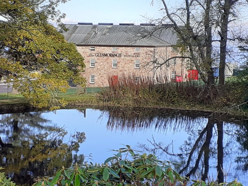 At one point on our Four Day North Coast 500 Tour from Inverness we stand at this pond, across which stands a building with ornate black lettering saying the Glenmorangie Distillery. The pond is reflecting trees and blue sky. On the far side the distillery building is 3 storeys, stone-built and with a corrugated metal roof.