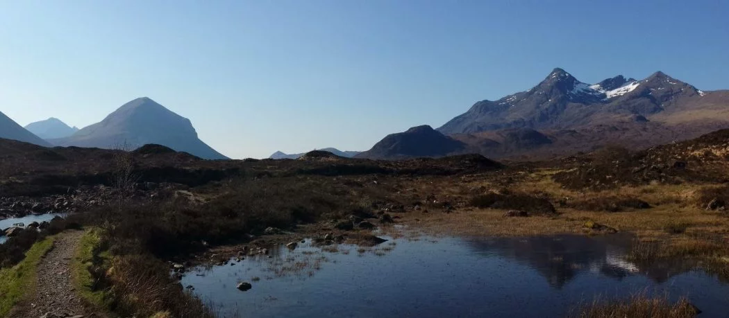 Wide view of the Mountains on Skye in Sunshine, taken from Sligachan on our Hebrides Tours from Inverness