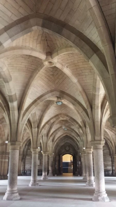 There are 8 stone pillars in front of us, in two rows of 4. There are arched stone ceilings overhead, and the whole effect is like Cathedral cloisters.
